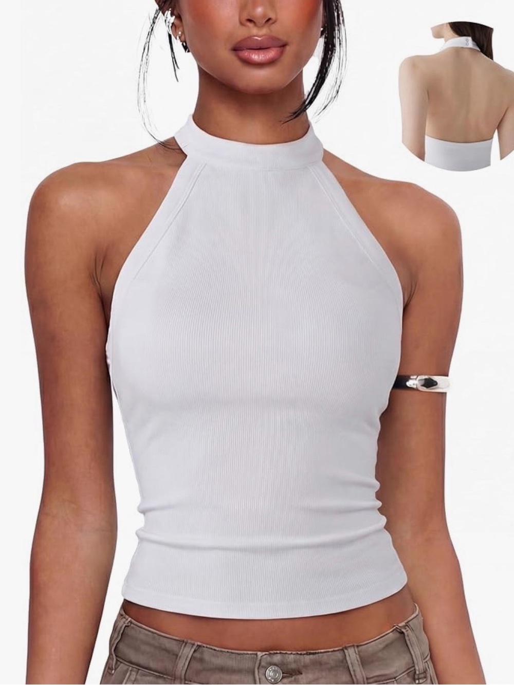 Amazon White Ribbed Halter Neck Tank Top for Women